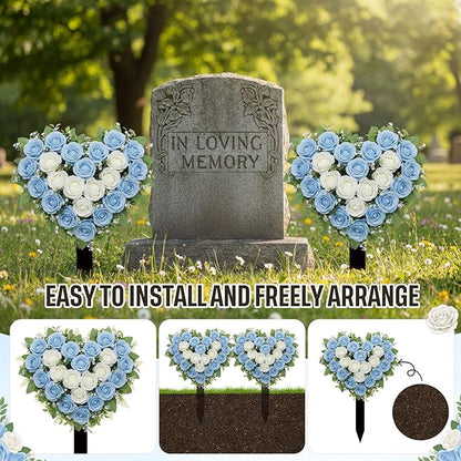 Frienda 2 Sets Cemetery Flowers Grave Stake Metal Floral Decor for Tombstone, Outdoor Gravesite Markers for Mom Dad, Memorial Day Spring Easter Grave Decor(Heart,Blue,White)