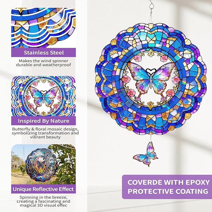Butterfly Wind Spinner Outdoor Hanging for Yard Garden for Women Mom Grandma Birthday,12 inch 3D Hanging Wind Sculptures Metal Wind Spinners for Outside, Garden, Patio, Yard Decor