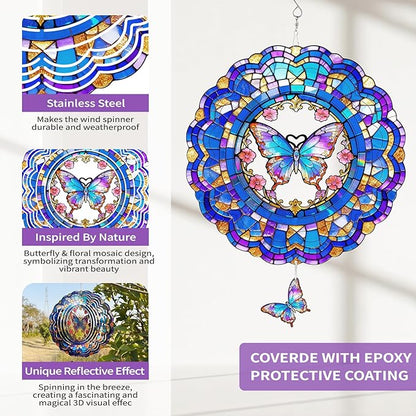 Butterfly Wind Spinner Outdoor Hanging for Yard Garden for Women Mom Grandma Birthday,12 inch 3D Hanging Wind Sculptures Metal Wind Spinners for Outside, Garden, Patio, Yard Decor