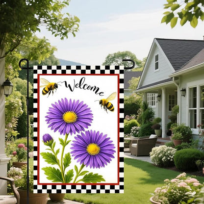 IVN Welcome Garden Flag 12x18 Inch Double Sided Spring Garden Yard Flags Bee Purple Daisy Decorative Small Flags for Outdoor Seasonal Front Door Lawn Porch Patio Decor Yard Flag