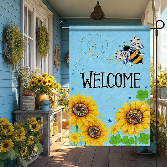 IVN Bee and Sunflower Garden Flag 12x18 Inch – Welcome Burlap Outdoor Flag, Double Sided Spring Summer Yard Flag for Porch Lawn Patio Decor