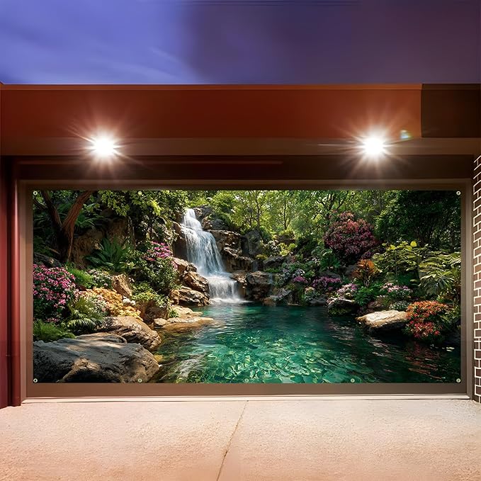 Garage door banner cover, 6x13 ft beautiful waterfall and pond background, Large Outdoor Backyard Landscape Decoration (Waterfall Pond)