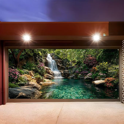 Garage door banner cover, 6x13 ft beautiful waterfall and pond background, Large Outdoor Backyard Landscape Decoration (Waterfall Pond)