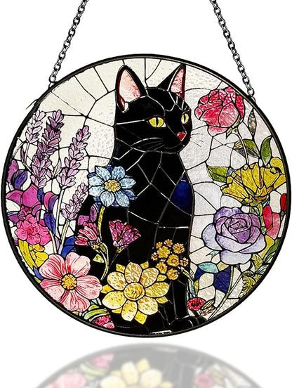 Cat Stained Glass Suncatcher Window, Hanging Sun Catchers Indoor Window, Suncatcher for Mom/Women (Black Cat & Flower)