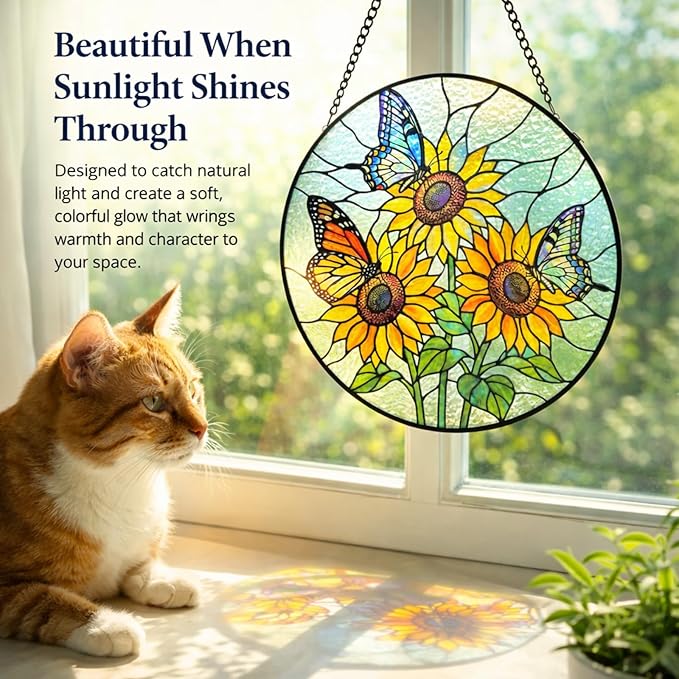 Sunflower Butterfly Suncatcher Window Hanging, 7.8" Stained Glass Decor, Gift for Family, Friends and Loved Ones, Home Decor for Window, Kitchen, Sunroom and Garden