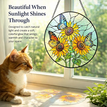 Sunflower Butterfly Suncatcher Window Hanging, 7.8" Stained Glass Decor, Gift for Family, Friends and Loved Ones, Home Decor for Window, Kitchen, Sunroom and Garden
