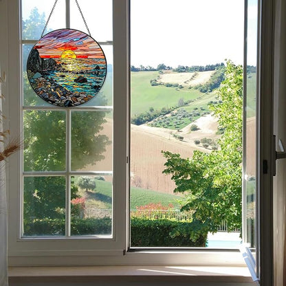 Waves on The Beach Stained Glass Window Hanging Sunset at The Seaside Sun Catcher Beach Lover Gifts for Women Nature Lover Wall Hanger Handmade SunCatcher Decoration, 7.87inch