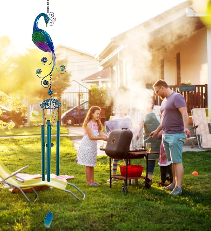 CoTa Global Peacock Wind Chime - Handmade Glass & Metal Chime - Bird Wild Life Hanging Decor - Colorful Home Decor Gift, Indoor & Outdoor Hanging Decoration for Porch, Patio, and Garden - 40.9 Inches