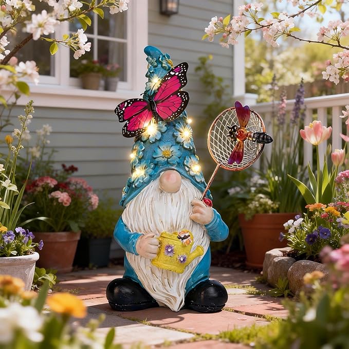 Garden Gnome Statues Outdoor Decor Solar Gnomes with Butterfly on LED Lighted Flowers, Resin Blue Gnomes Sculpture for Patio Yard Lawn Onament Decoration