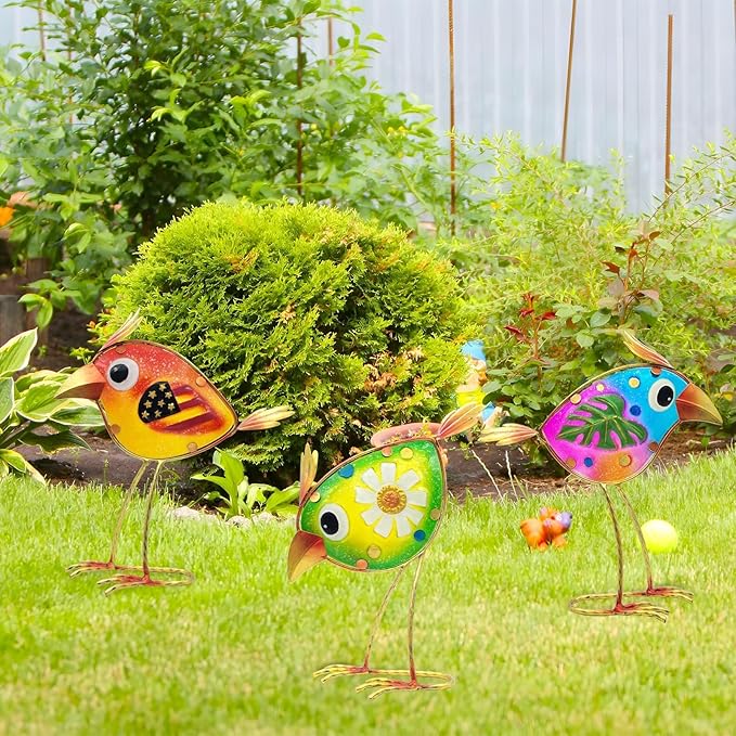 3 Pack Garden Outdoor Metal & Glass Bird Yard Art, Lawn Ornaments Outdoor Decor for Porch Patio, Housewarming Birthday Gifts for Grandma Mom Women