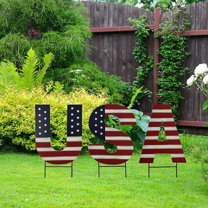 Metal Barn Star Yard Sign Patriotic Garden Stakes Hanging Ornament with Stake Outdoor 4th of July Lawn Decoration Party Supplies USA Flag Decor for Independence Day Memorial Day (F)