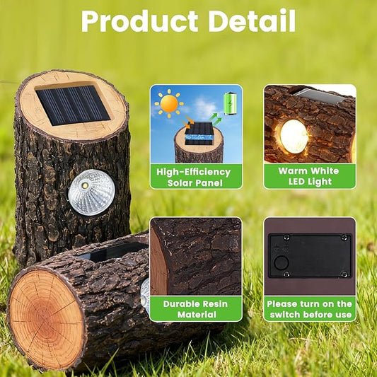 Solar Garden Lights Outdoor 2 Pack, Decorative Rustic Tree Stump Pathway Lights, Warm White Auto On/Off IP65 Waterproof Lights for Yard, Patio, Lawn, Flower Bed, Steps, Garden Decor Gifts
