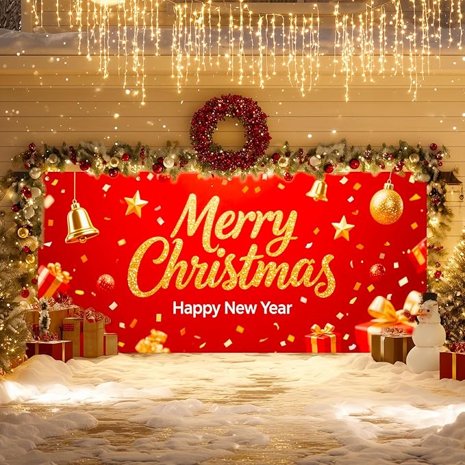 IVN Christmas Garage Door Cover Decoration 13x6ft Sparkling Gold Lettering Confetti Bells and Gifts Merry Christmas Winter Garage Door Banner Home Door Front Yard Decor for Xmas Eve Holiday Outdoor