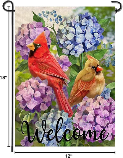 Artofy Welcome Summer Cardinal Red Birds Home Decorative Garden Flag, Yard Hydrangea Flowers Outside Decor, Spring Floral Outdoor Small Burlap Decoration Double Sided 12 x 18