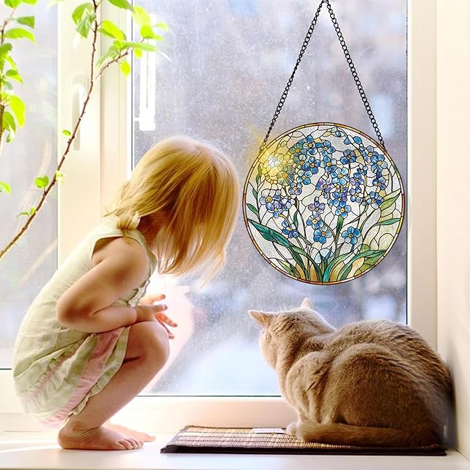 Bimkole Forget-Me-Not Stained Glass Suncatcher Window Hanging - Plants Indoor Window or Doorway Decoration - Handmade Sun Catcher Decor for Garden Home Christmas & Birthday Gifts 7.87x7.87 Inch