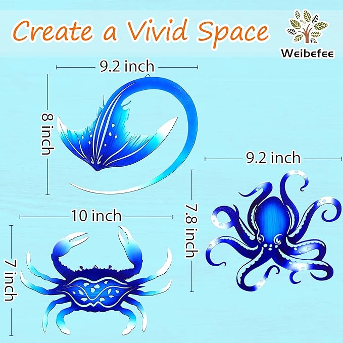 Weibefee Metal Wall Art Decor Octopus Crab Manta Ray Coastal Nautical Ocean Mother's Day Decor Concise 9'' Set of 3 Hanging Mother's Day Decorations Gift for Bathroom Beach Indoor Outdoor Pool Home Bedroom Living Room Blue