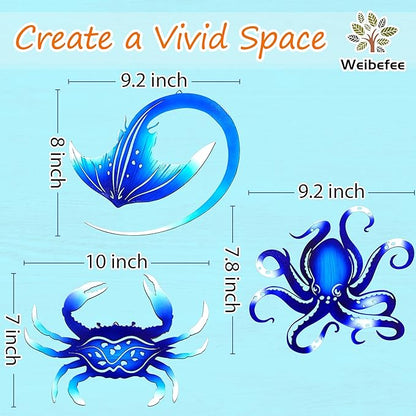 Weibefee Metal Wall Art Decor Octopus Crab Manta Ray Coastal Nautical Ocean Mother's Day Decor Concise 9'' Set of 3 Hanging Mother's Day Decorations Gift for Bathroom Beach Indoor Outdoor Pool Home Bedroom Living Room Blue