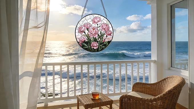 Stained Glass Window Hanging - Blooming Pink Peonies 6.3 Inches Suncatcher for Garden Home Decor for Women Mon Grandma Friends