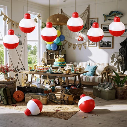 Jetec 6 Pcs 12 Inch Inflatable Fishing Bobber Balloons Decorations Outdoor Inflatable Red White Hanging Ornaments for Fishermen Birthday Party Yard Decoration Party Favors Supplies