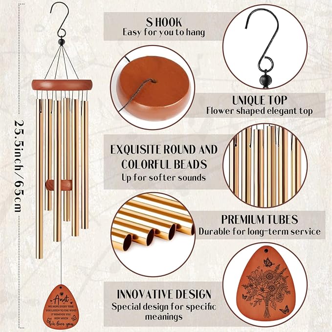 Aunt Gifts Wind Chimes - Metal Windchimes with Card Indoor Outdoor Hanging Decor for Garden Patio Yard Balcony Backyard Appreciation Christmas New Year Birthday Gift for Aunts from Niece