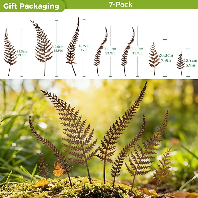 KODIBO 7-Pack Decorative Garden Stakes, Mixed Size Metal Fern Stakes, Rusty Metal Flowers Wall Decor, Yard Ornaments Outdoor and Garden Decorations, Flower Bed Lawn Yard Courtyard Decor
