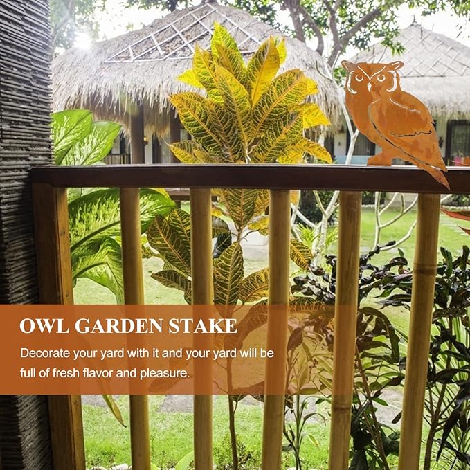 HANABASS 1pc Garden Owl Iron Stake Decor Charming Outdoor Decoration for Lawn Patio Easy to Install Garden Ornament Beautiful Rusty Metal Owl Design for Ambiance