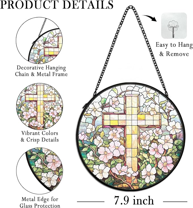 Christian Floral Suncatcher Stained Glass Cross Window Hanging Wall Decor, Christmas Religious Gifts for Women, Easter Religious Cross Garden Lawn Sun Catchers for Window Hanging Art,7.9x7.9In