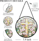 Christian Floral Suncatcher Stained Glass Cross Window Hanging Wall Decor, Christmas Religious Gifts for Women, Easter Religious Cross Garden Lawn Sun Catchers for Window Hanging Art,7.9x7.9In