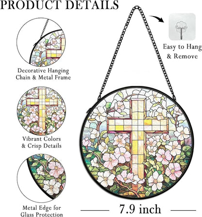Christian Floral Suncatcher Stained Glass Cross Window Hanging Wall Decor, Christmas Religious Gifts for Women, Easter Religious Cross Garden Lawn Sun Catchers for Window Hanging Art,7.9x7.9In