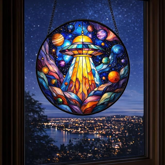 UFO Stained Glass Suncather for Window Hanging, 7.9'' Cosmic Alien Spaceship Ornament Gift for Women, Galaxy Wall Art Home Decor Gift for Sci-Fi Lovers & Dreamer (Blue Galaxy, 7.9'')
