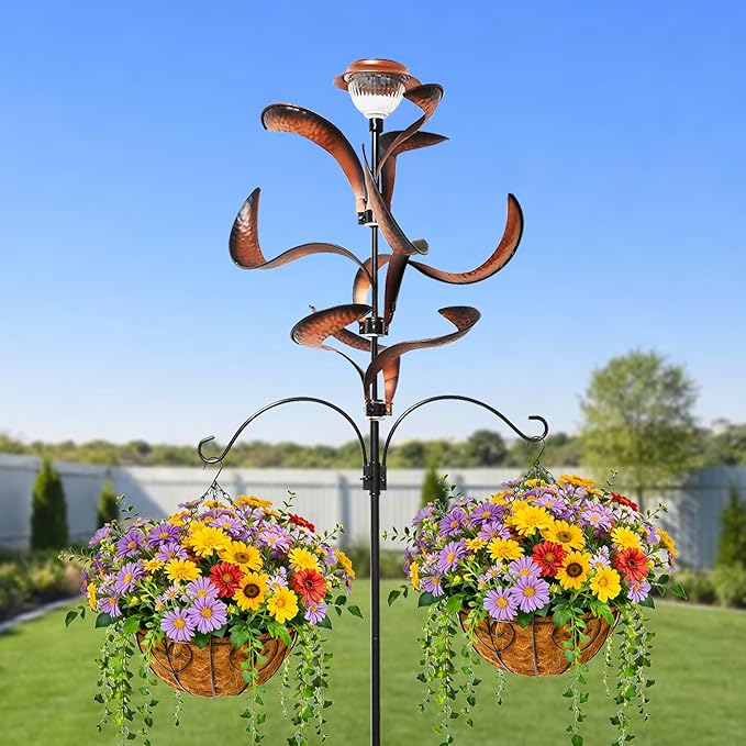 Yard Garden Wind Spinners - Large Outdoor Metal Wind Spinners with Stake, Yard Art Lawn Garden Decor Bronze-Colored Blade Rotator (25.5" W x 81" H)