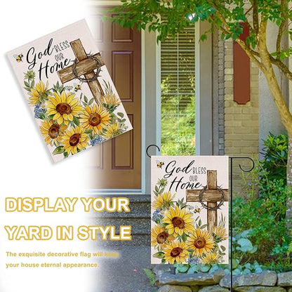 Christian God Bless Our Home Decorative Garden Flag, Religious Spring Summer Easter Cross Sunflower Yard Outside Decorations, Inspirational Fall Autumn Burlap Outdoor Small Home Decor 12 x 18