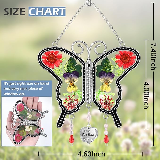 KY&BOSAM Butterfly Suncatcher I Love You Sister Stained Glass Panels Hangings for Windows Suncatchers Pressed Real Flower Wing in Glass Dream Catchers Birthday Mother`s Day Wind Chimes