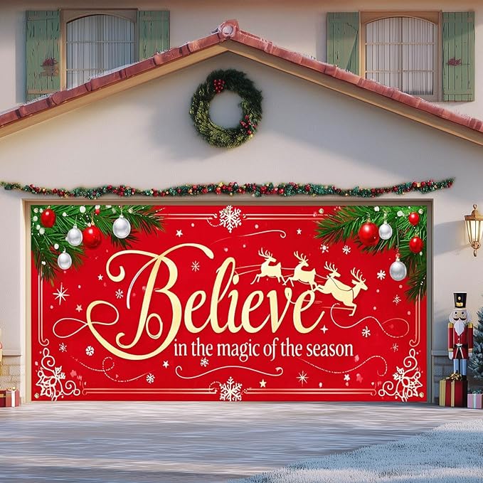 IVN Merry Christmas Happy New Year Believe Garage Door Banner 13x6 ft Christmas Garage Door Cover Wnter Scene Background Indoor Outdoor Red Snowflake Reindeer Holiday Decorations for Home and Events Wall Backdrop Decor