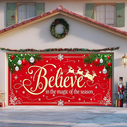 IVN Merry Christmas Happy New Year Believe Garage Door Banner 13x6 ft Christmas Garage Door Cover Wnter Scene Background Indoor Outdoor Red Snowflake Reindeer Holiday Decorations for Home and Events Wall Backdrop Decor