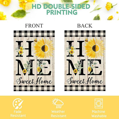 ORTIGIA Summer Sunflower Garden Flag Double Sided 12.5x18 Inch, Home Sweet Home Spring Floral Flower Buffalo Plaid Check Small Yard Flag Burlap Vertical Outside Outdoor Lawn Patio Decor