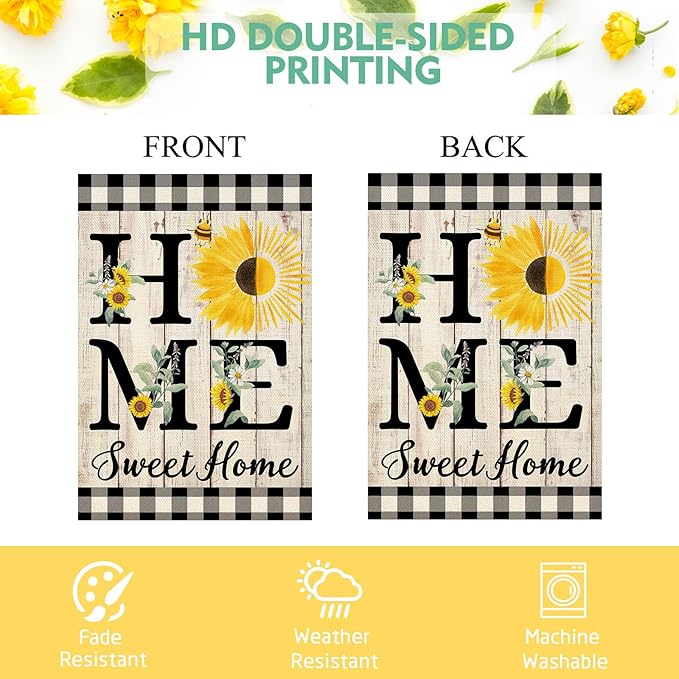 ORTIGIA Summer Sunflower House Flag Burlap Vertical Double Sided 28 x 40 Inch Home Sweet Home Spring Floral Flower Large House Flag Buffalo Check Plaid Home Front Yard Patio Outside Outdoor Decor