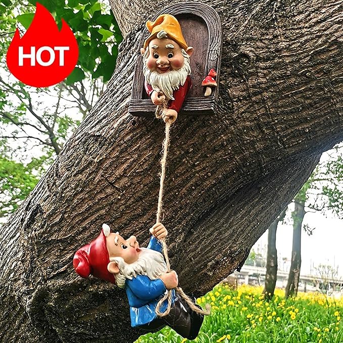 Funny Climbing Gnome Tree Hugger Decor- Garden Sculpture Decoration Elf Out The Door- Yard Ornament Resin Statue Outdoor Decor for Patio Lawn (Fun Dwarfs)