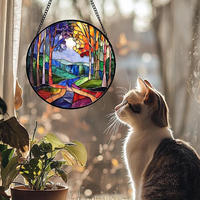DASTOLL Stained Glass Window Hanging, Colorful Forest Landscape Tree Suncatcher for Doors Window Home Abstract Sun Catchers Decoration Mother's Day Birthday Gifts for Women, Men, and Mom 11.8 in