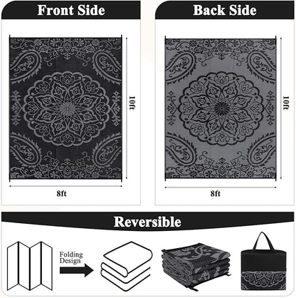 Pauwer Waterproof Outdoor Rug 8x10, Reversible Plastic Straw Patio Camping Rug, Indoor Outdoor RV Mat Carpet for Deck, Camper, Porch, Balcony, Backyard, Picnic, Boho Black Grey
