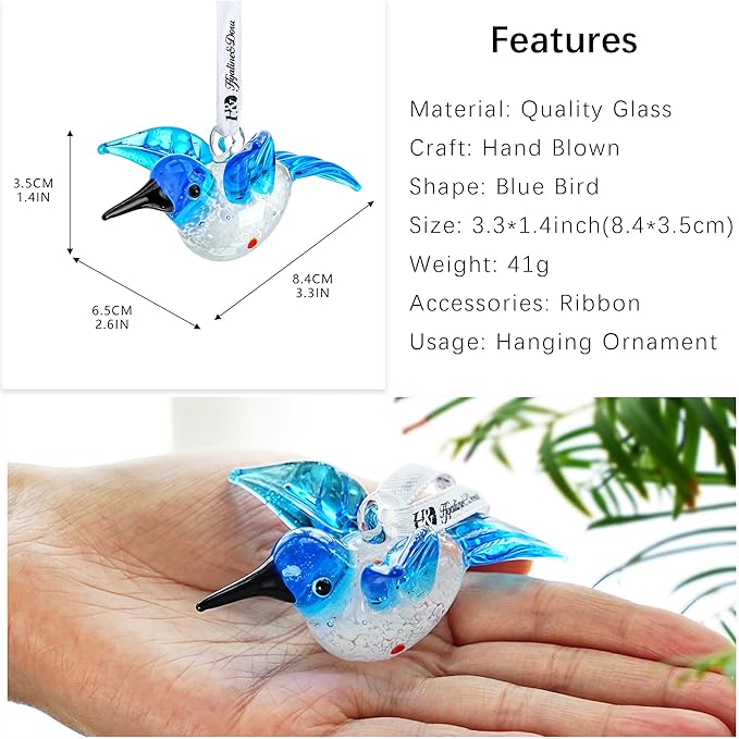Blown Glass Ornament - Hummingbird,3'' Art Glass Blue Bird Animal Collectable Decorative Hanging Suncatcher for Christmas Tree Window Garden Ornaments