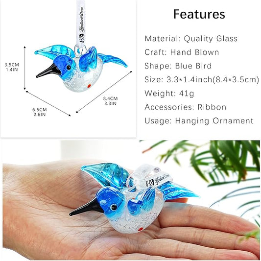 Blown Glass Ornament - Hummingbird,3'' Art Glass Blue Bird Animal Collectable Decorative Hanging Suncatcher for Christmas Tree Window Garden Ornaments