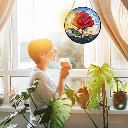 Bimkole Rose Stained Glass Suncatcher Window Hanging - Flowers Design for Indoor Window or Doorway Decoration - 7.87x7.87 inch with Chain and Hook - Unique Home Decor Gift