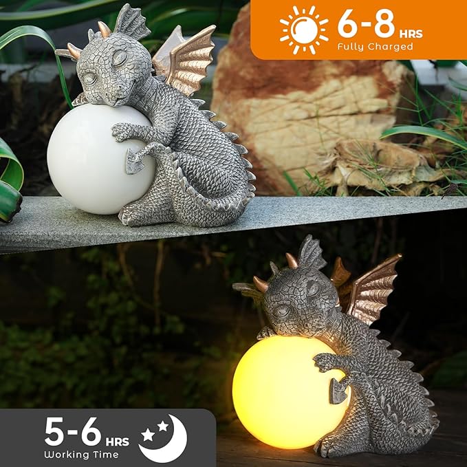 8.6" Solar Dragon Garden Statue,LED Figurine Light,Resin Outdoor Sculpture,Solar Patio Accent Decor,Night Garden Statue,Powered Sculpture Yard Art,Landscape Decor,Path Light Ornament