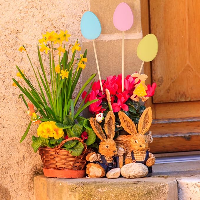 6 Pcs Wooden Easter Egg Garden Stakes Yard Decoration Front Yard Art Stick Flower Sticks Holiday Supplies for Easter Indoor and Outdoor Lawn Path Terrace Flower Pots Theme Event Party