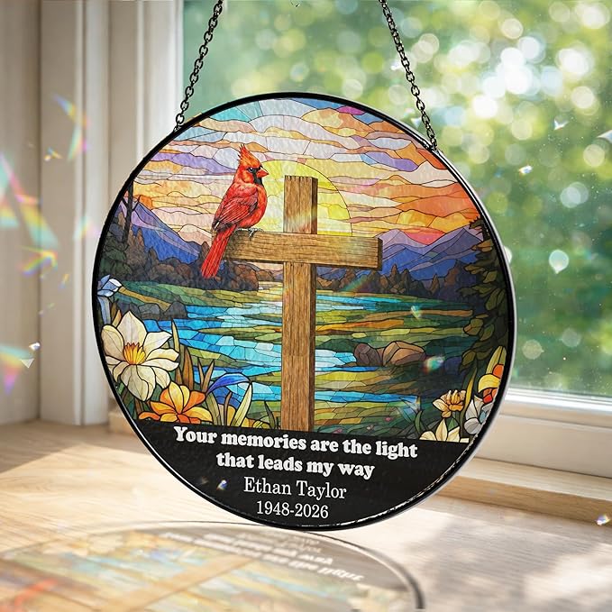 Personalized Cardinal Memorial Cross Stained Glass, Religious Crystal Window Hanging, Memorial Suncatcher for Loss of Loved One, Christian Sympathy Gift for Nana Grandpa, Cross Garden Decor