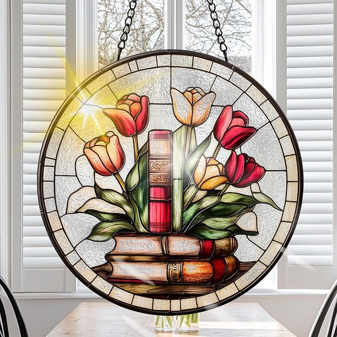 VAIIEYO Book Sun Catcher Stained Glass Window Hanging Ornament, Handmade Sun Catcher Rose Decoration with Hooks for Window Garden Home, Christmas & Birthday Housewarming 7.8 inch