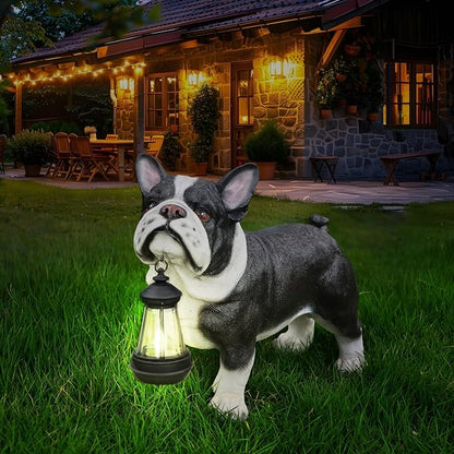 French Bulldog Statue with Solar Lantern - 14.96" Frenchie Garden Sculpture with Interchangeable Double-Sided "Welcome" & "On Patrol" Sign - Resin Dog Figurines for Outdoor Patio, Lawn, Porch Decor