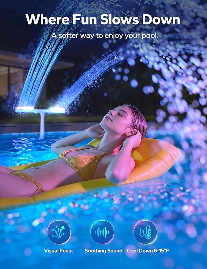 POOLHACKER Solar Pool Fountain with 10-Color LED Lights, Newly Refined Streamlined Design, Auto Dusk Sensor & Timer, Remote Control, Dual-Head Adjustable Spray for Above & Inground Pools