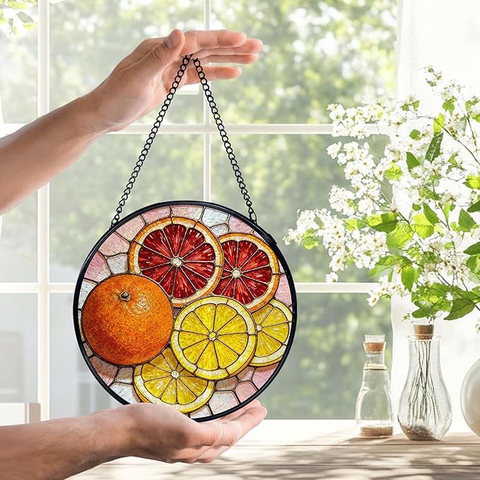 Orange Lemon Suncatchers Stained Glass Window Hanging, Lemon Kitchen Decor, Orange Gifts for Women, Summer Fruit Sun Catchers Indoor Window Glass Round Wall Decor, 7.9x7.9in